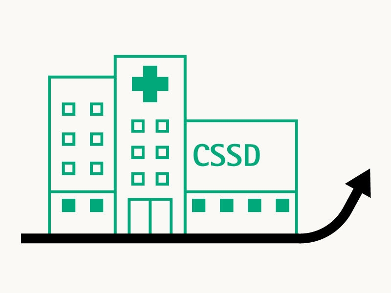 Icono con un edificio cssd y una flecha apuntando hacia arriba debajo del edificio